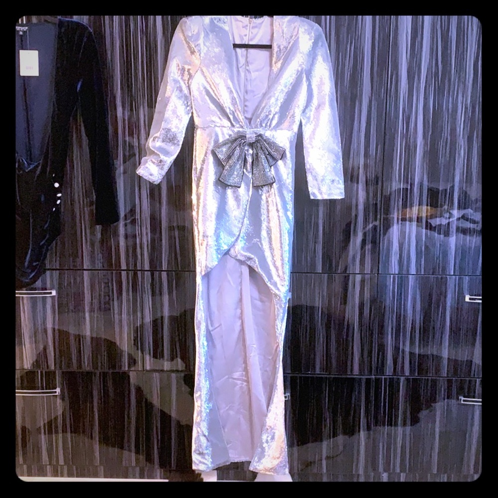 Special occasion hi lo silver sequins dress